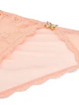 Panty tipo bikini confeccionado en encaje supersuave color salmón, con diseño de talle bajo, herrajes de mariposa de cristal en los laterales y espalda de malla transparente con fruncido.