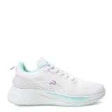 Championes deportivos de mujer en color blanco, con detalles en turquesa y lila. Presentan un diseño de malla transpirable, cierre con cordones y suela con amortiguación.