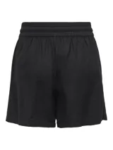 Short de lino y viscosa color negro, con cintura elástica y cordón ajustable. Presenta un corte regular y tejido ligero.