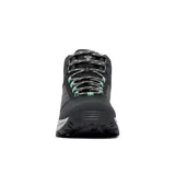Bota de senderismo impermeable Columbia, color negro con detalles en gris y verde menta. Presenta una combinación de cuero y malla en la parte superior, con entresuela amortiguada y suela de alta tracción.