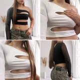 Top asimétrico de un hombro, con manga larga de tul y aberturas en el frente.