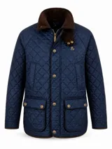 Campera azul marino capitoneada con diseño de rombos, cuello camisero de pana marrón, bolsillos frontales con solapa y cierre de botones metálicos y cremallera.
