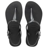 Sandalias Havaianas Twist de mujer, color negro con tiras plateadas y ajuste con hebilla.