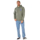 Canguro con capucha de color verde oliva, confeccionado en tejido de algodón con interior suave. Presenta un bolsillo frontal tipo canguro, puños y ruedo acanalados, y un estampado circular pequeño en el pecho con el logo de la marca en color azul.