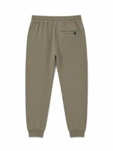 Pantalón de jogging verde militar con cintura elástica ajustable mediante cordón, bolsillos laterales con cierre y puños elásticos en los tobillos.
