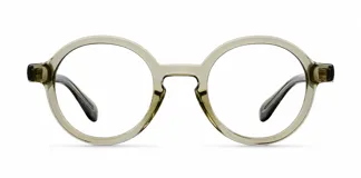 Armazón de receta con diseño redondo y contemporáneo, fabricado en material bio-based G850 con patillas de propionato de celulosa en color verde claro traslúcido.