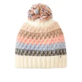 Gorro de lana tejido a rayas horizontales en tonos beige, marrón, celeste y rosa, con pompón multicolor en la parte superior.