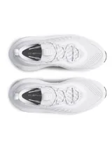 Championes de running Under Armour modelo Phantom 4, color blanco con detalles en gris claro. Presentan un diseño de tejido de punto tipo calcetín, contrafuerte de TPU en el talón y suela con tecnología de amortiguación UA HOVR+.