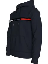 Buzo con capucha y cordón ajustable Tommy Hilfiger, color azul marino, con bolsillo tipo canguro y una franja horizontal en el pecho que incluye texto y los colores distintivos de la marca.
