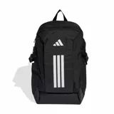 Mochila deportiva Adidas Power VIII en color negro, con diseño ergonómico, compartimento principal con cierre, bolsillos laterales y las icónicas tres tiras blancas verticales en el frente junto al logo de la marca.