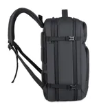 Mochila negra con múltiples compartimentos, bolsillos frontales con cierre, puerto USB integrado, asa superior y lateral, correas ajustables y acolchadas, y diseño expandible.