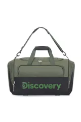Bolso de viaje color verde militar con base negra y logo "Discovery" estampado en verde. Cuenta con doble asa de mano, correa de hombro ajustable y extraíble, cierre superior y bolsillos laterales con cierre.