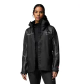 Campera impermeable de mujer Columbia modelo Whistler Peak Shell OutDry, en color negro con detalles reflectantes y costuras selladas. Cuenta con capucha ajustable, cremalleras frontales y laterales de poliuretano, y aberturas de ventilación.