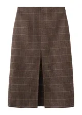 Falda midi de corte recto con diseño a cuadros en tonos marrones y negros, con una abertura frontal central.