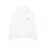 Buzo tipo canguro Lacoste de color blanco, con capucha y bolsillo frontal tipo canguro. Presenta un diseño gráfico bordado en el pecho con el nombre de la marca y el icónico cocodrilo integrado en un círculo.