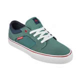 Championes de skate Emerica modelo Cadence, color verde con detalles en azul marino, blanco y rojo. Confeccionados en lona resistente, cuentan con suela de goma blanca con una línea roja decorativa y cierre de cordones.