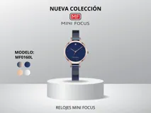 Reloj de pulsera Mini Focus modelo MF0160L para mujer, con movimiento de cuarzo japonés, caja de metal color oro rosa, esfera azul con diseño de cielo estrellado, malla de acero inoxidable color azul y cierre de hebilla. Resistente al agua hasta 30 metros.