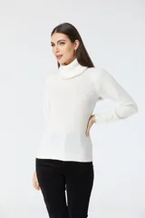 Polera de tejido de punto color blanco, con cuello redondo y manga larga.