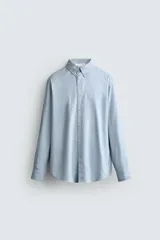 Camisa de corte regular fit confeccionada en algodón, con estampado de cuadros pequeños en tonos celestes. Presenta cuello abotonado, cierre frontal con botones y mangas largas con puños abotonados.
