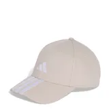 Gorra de béisbol Adidas color beige, con logo de la marca bordado en blanco y las tres tiras características en la visera. Cuenta con diseño clásico de seis paneles y cierre ajustable en la parte posterior.