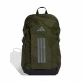 Mochila Adidas modelo Power, de color verde militar con base negra y detalles reflectantes. Cuenta con el logo de la marca en la parte frontal y tiras ajustables.