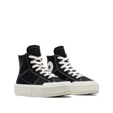 Championes Converse Cruise de caña alta, color negro con detalles en blanco, plataforma con diseño geométrico y logo de la marca en el lateral.