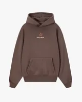 Hoodie de algodón color marrón con capucha y estampado gráfico en la espalda que incluye texto y logo de la marca.