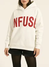 Canguro blanco con capucha y estampado rojo con la palabra 'INFUSE' en el frente.