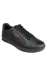 Zapatennis de cuero color negro para hombre, con cordones y suela de goma.