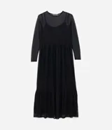 Vestido midi de breteles con sobreposición de tul texturizado de manga larga y volados en la parte baja.