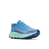 Championes de trail running Merrell modelo Agility Peak 6, color azul con entresuela en tono verde menta y suela azul oscuro. Presentan diseño técnico con malla transpirable, refuerzos en TPU y suela Vibram MegaGrip de alto rendimiento.
