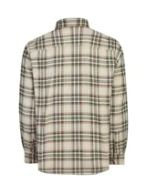 Camisa de manga larga RKF modelo Flannel, confeccionada en algodón orgánico. Presenta un diseño de cuadros en tonos beige, verde, marrón y naranja, con cierre frontal de botones, cuello camisero y un bolsillo aplicado en el pecho con detalle bordado.