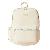 Mochila Rip Curl color crema, confeccionada en pana con logo bordado y detalles en celeste.