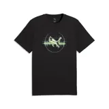Remera Puma Graphics Digital Tee negra, con diseño gráfico estampado en el pecho que incluye un círculo y un felino con efecto digital y ondas sonoras en tonos verdes y blancos.