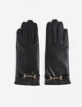 Guantes negros de cuero sintético con detalle de hebilla metálica dorada en la muñeca.