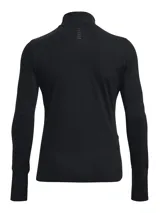 Remera deportiva de manga larga para mujer, color negro, con cuello alto y cierre frontal parcial. Presenta aberturas para los pulgares en los puños.