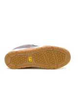 Championes Caterpillar modelo Theorem para hombre, en color gris con detalles en amarillo y suela de goma con base blanca.