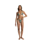 Top de bikini verde oliva con corte triangular y tirantes finos regulables.