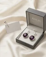 Caravanas tipo aro colgante de plata 925 con cristal redondo de color violeta.
