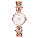 Reloj analógico Fossil de la línea Carlie, con caja redonda de 28 mm y pulsera de eslabones de acero inoxidable en tono oro rosa. Esfera blanca con índices y manecillas en oro rosa.