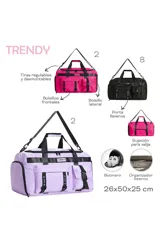 Bolso deportivo tipo duffel color negro, con múltiples bolsillos frontales, correas ajustables y cierre principal con cremallera.