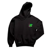 Canguro negro con capucha y bolsillo frontal tipo canguro. Presenta un pequeño estampado en el pecho con un personaje de dibujos animados en color verde y detalles en rosa, junto con caracteres japoneses.