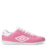 Championes de fútbol Umbro modelo Touch TF, diseñados para cancha de césped sintético. Presentan un diseño bicolor en blanco y negro, con el logo de la marca en el lateral y lengüeta. Cuentan con cierre de cordones y suela de goma con relieve para mayor tracción.