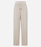 Pantalón recto color beige con textura, confeccionado en algodón BCI más sostenible, con cintura alta elástica y lazo de ajuste.