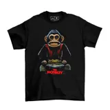 Remera negra de algodón con estampa frontal de un mono tocando un tambor y el texto The Monkey en color rojo.