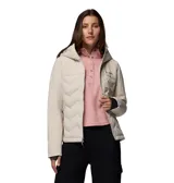 Campera técnica Columbia modelo Grand Trek III Down, color beige, con tecnología térmica reflectante Omni-Heat Infinity y construcción impermeable Omni-Tech. Presenta capucha ajustable, cierre frontal revestido, bolsillos laterales con cremallera y puños con orificios para pulgares.