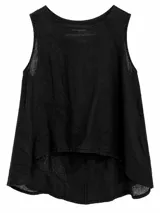 Musculosa negra sin mangas, confeccionada en lino y viscosa, con diseño holgado y bajo asimétrico más largo en la parte trasera.