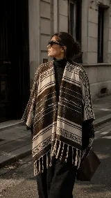 Ruana de diseño abierto con estampado geométrico inspirado en motivos incaicos en tonos tierra, beige y negro. Presenta terminaciones con flecos en el ruedo y una silueta amplia de caída natural.