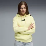 Buzo con capucha y cordones ajustables, color amarillo pastel. Presenta el logo de la marca estampado en el centro del pecho con detalles florales integrados.