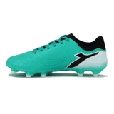 Championes de fútbol Diadora Mondiali MD para jóvenes, color aguamarina con detalles en negro y blanco, y suela con tapones para césped natural.